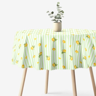 Goldea okrúhly teflónový obrus zelené prúžky s citrónmi Ø 110 cm