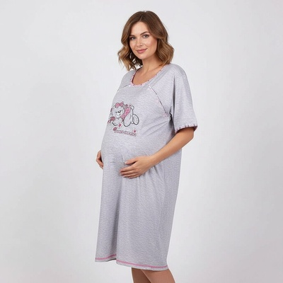 Макси нощница за бременни в сиво с мече и розов кант