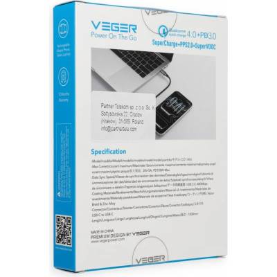 Veger Cc1-Xhj s LED displejom Type C na Type C PD 5A 100W 1,5m černý