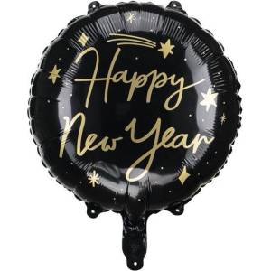 Party Deco Фолиев Балон "Happy New Year", 45 см, Черен (FB162)