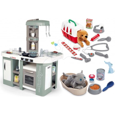 Smoby Set kuchynka elektronická s bublaním Tefal Studio Kitchen XL Bubble 360° a pelech pre mačičku a veterinárska klinika na vozíku