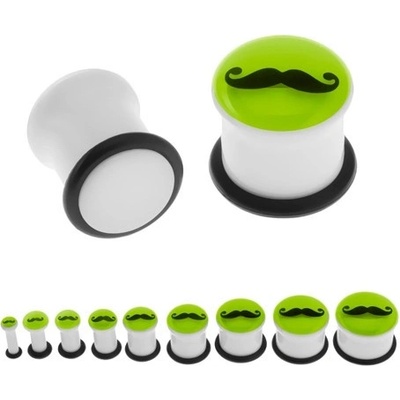Šperky eshop plug do ucha bílé barvy černý knírek a gumička přední část svítící ve tmě SP68.12