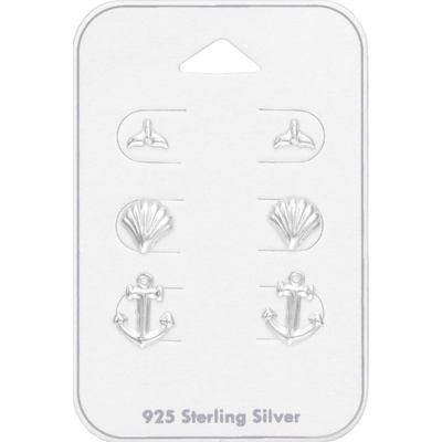 For Silver Sada 3 párů náušnic Ploutev, Mušle, Kotva - Stříbro 925