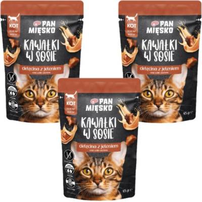PAN MIĘSKO Kúsky v omáčke teľacie mäso s jelením 3x pre mačky 85 g