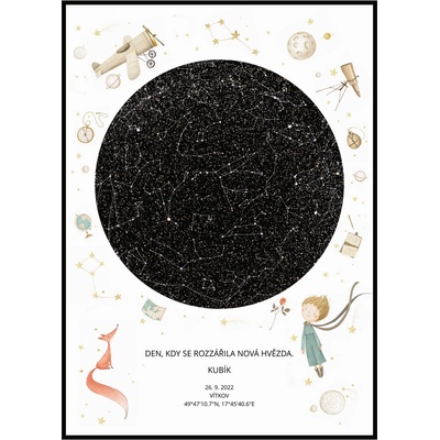 Jen tak z lásky Hvězdná mapa životního okamžiku - Váš originální dárek s hloubkou Rozměr plakátu: 30 × 40 cm (tištěný plakát), Barva pozadí: Malý princ, Volba rámu: Bez rámu – Zboží Dáma
