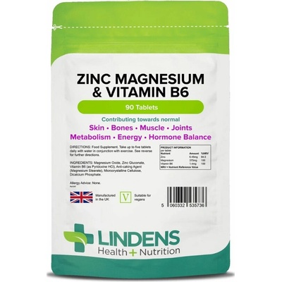 Lindens Health + Nutrition Zinok, Horčík & Vitamín B6 90 tabliet