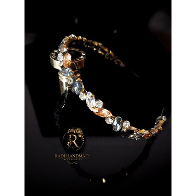 Radi handmade Диадема с прозрачни, графитени и прасковени камъни (902)