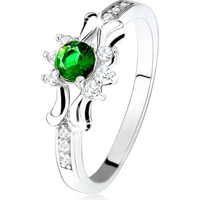 Šperky eshop prsten stříbro 925 zelený kulatý zirkon tři čiré kamínky ozdobená ramena SP31.29