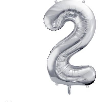 PartyDeco Fóliový balón narodeninové číslo 2 strieborný 86cm