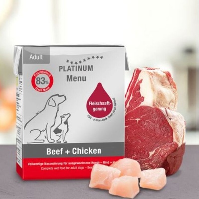 PLATINUM Мокра храна за кучета Platinum Menu Adult Beef + Chicken с 48% Прясно пилешко месо, 35% Прясно Телешко месо и зеленчуци, 375 gr