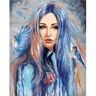 zuty Malování Podle Čísel Žena S Modrými Ptáčky 80 x 100 Cm Plátno Rám