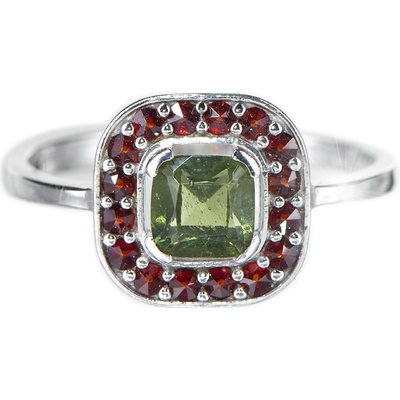 Český granát prsten stříbrný s vltavínem 121032