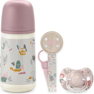 Suavinex sada fľaša 270ml + cumlík fyziologický + klip Walk ružová