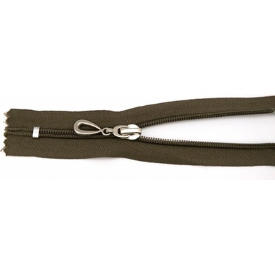 Špirálový zips č. 5 - nedeliteľný - tmavá khaki so striebornou slzou - dĺžka 16 cm