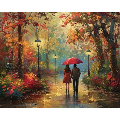 ZUTY Obrazy na stenu - PÁR POD DÁŽDNIKOM PO DAŽDI A JESENNÝ PARK Rámovanie: bez rámu a bez vypnutia plátna, Rozmer: 40x50 cm