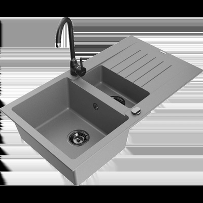 Matias гранитна кухненска мивка с 1, 5 камери с отцедник и кухненски смесител Telma, сив - 6502-71-670200-70-B (6502-71-670200-70-B)