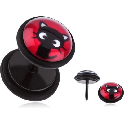 Šperky eshop ocelový fake plug do ucha sedící černé koťátko červený podklad PC28.09
