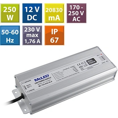 zdroj napájecí pro LED pásky 12V DC 250W (20,83A) IP67 hliník ML-732.036.45.0