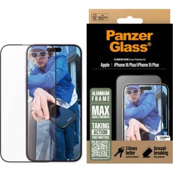 Panzer Стъклен протектор PanzerGlass за iPhone 16 Plus, 15 Plus, Aluminum Frame, Ultra-Wide Fit