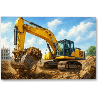 Plakát – Žlutý bagr s lopatou plnou zeminy 135 × 90 cm Bez rámu Ne Bez rámu