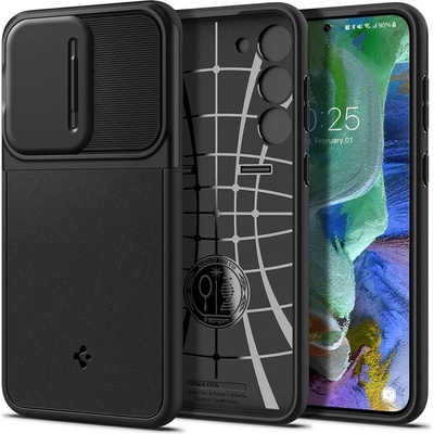 Spigen Optik Armor Case - тънък качествен силиконов (TPU) калъф с капак за камерата за Samsung Galaxy S23 Plus (черен)