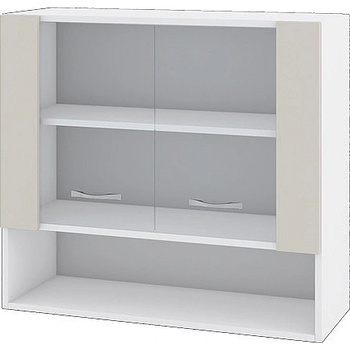 ИРИМ Горен шкаф с две витринни врати и ниша Сити БС-10 бяло гладко / сатен 80 см