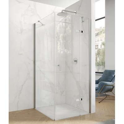 Hüppe Astra - Krídlové dvere s pevným segmentom 900x2000 mm pre 4-uholník, upevnenie vpravo, profil strieborná pololesklá, číre sklo s Anti-Plaque PX0103.069.322
