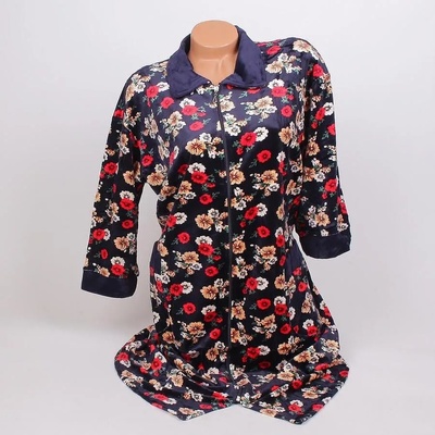 Плюшен макси халат в тъмносиньо с цветя