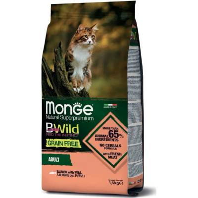 MONGE BWild Cat Grain Free Adult bezobilninové kompletní krmivo pro dospělé kočky s lososom a hráškom 1,5 kg – Hledejceny.cz