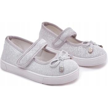 Detské balerínky s mašličkou lesklé na suchý zips strieborné