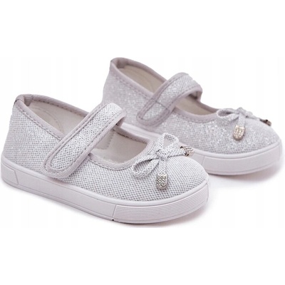 Detské balerínky s mašličkou lesklé na suchý zips strieborné