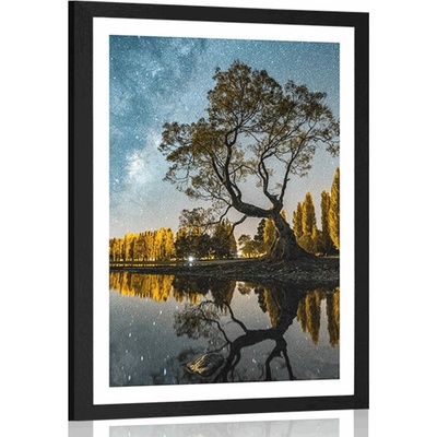 Plakát s paspartou strom pod hvězdnou oblohou - 60x90 black