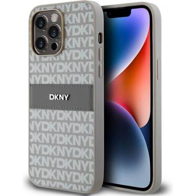 DKNY Repeat Pattern Tonal Stripe Leather Hard Case - дизайнерски кожен кейс за iPhone 14 Pro (бежов)