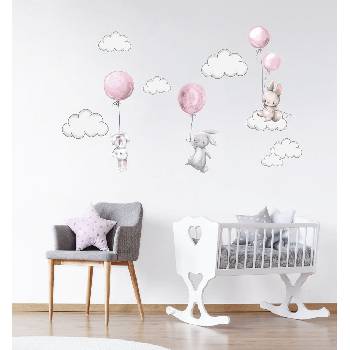Prehozynapostel Detské nálepky na stenu pre dievčatko veselý zajkovia s ružovými balónmi 80 x 76 cm DON559