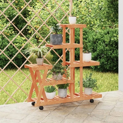 vidaXL Поставка за цветя с колелца, 95x25x101 см, масивна ела (362882)