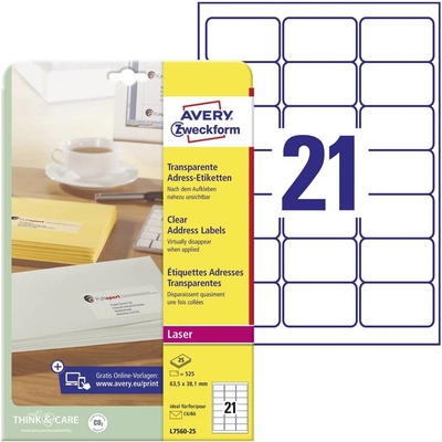 Avery-Zweckform L7560-25 etikety 63.5 x 38.1 mm prehľad produktov fólie priehľadná 525 ks trvalé adresná nálepky atramen