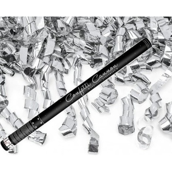 PartyDeco Vystreľovacie konfety strieborné stužky 60 cm