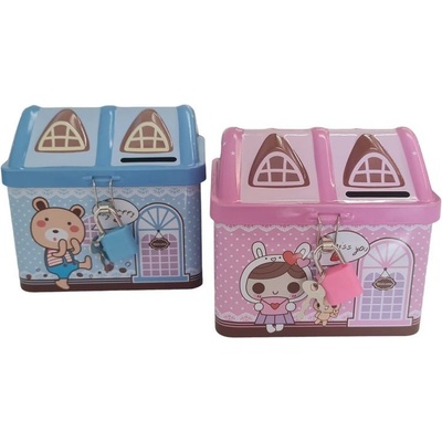 pokladnička DOMEK zámek 12x9,5x10cm růž. modrý plech – Sleviste.cz