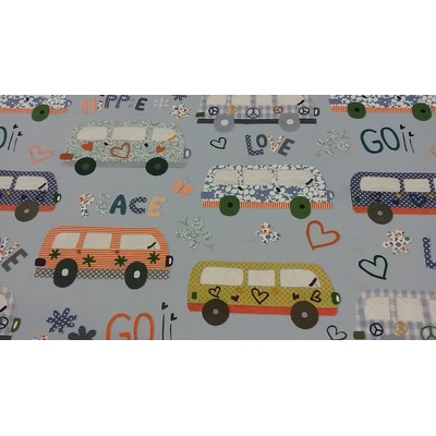 Detská dekoračná látka HIPPIE CARS modrá šírka 140 cm