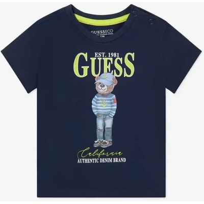 GUESS Синя тениска с къс ръкав за мини момче с мече отпред и надписи Guess