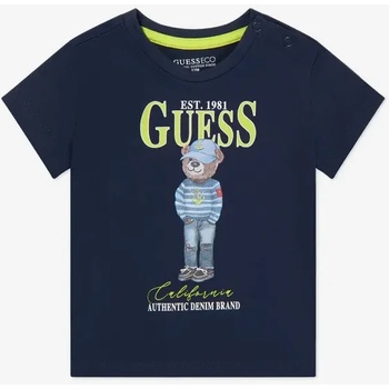 GUESS Синя тениска с къс ръкав за мини момче с мече отпред и надписи Guess