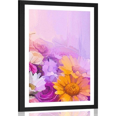 Plakát s paspartou olejomalba pestrobarevných květin - 30x45 silver