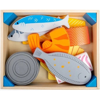 Bigjigs Toys Дървен комплект Bigjigs - Щайга за риба, с аксесоари (BJ475)