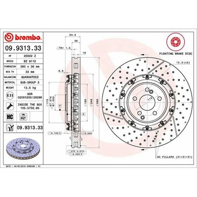 BREMBO brzdový kotúč 09.9313.33, súprava 2 ks