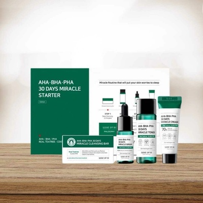 Some By Mi AHA∙BHA∙PHA multiaktívne sérum pre problematickú pleť 10 ml + zjemňujúce a hydratačné tonikum 30 ml + multiaktívny krém s upokojujúcim účinkom 20 g + čistiace mydlo na tvár s peelingovým ef