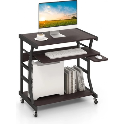 Costway Počítačový stůl COSTWAY s kolečky, výsuvnou přihrádkou na klávesnici a spodní policí 75x50x75cm