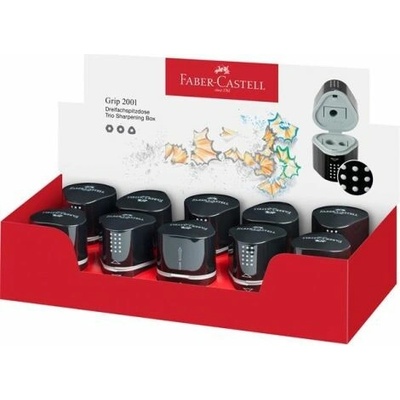 Strúhadlo, displej, trojdierové, so zásobníkom, FABER-CASTELL "Grip 2001 Trio", čierne 10ks