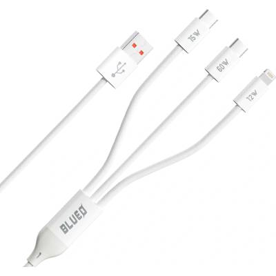 Blueo - 3в1 кабел за данни - USB-A към 2x Type-C, Lightning, бързо зареждане, оплетен - бял