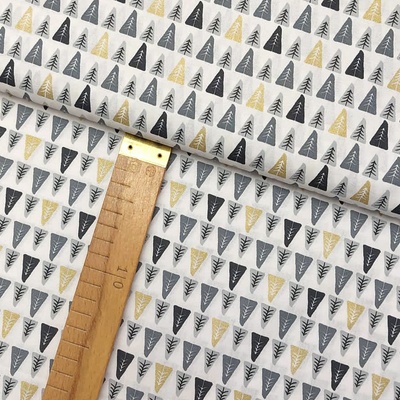 Bavlněné plátno - Stromečky šedé, zlaté na bílé - šíře 150cm/