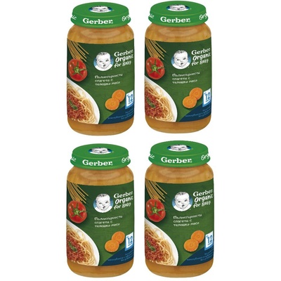 Nestle Био ястие Nestle Gerber Organic - Пълнозърнести спагети с телешко, 12 м+, 4 х 250 g (4х 12401143)